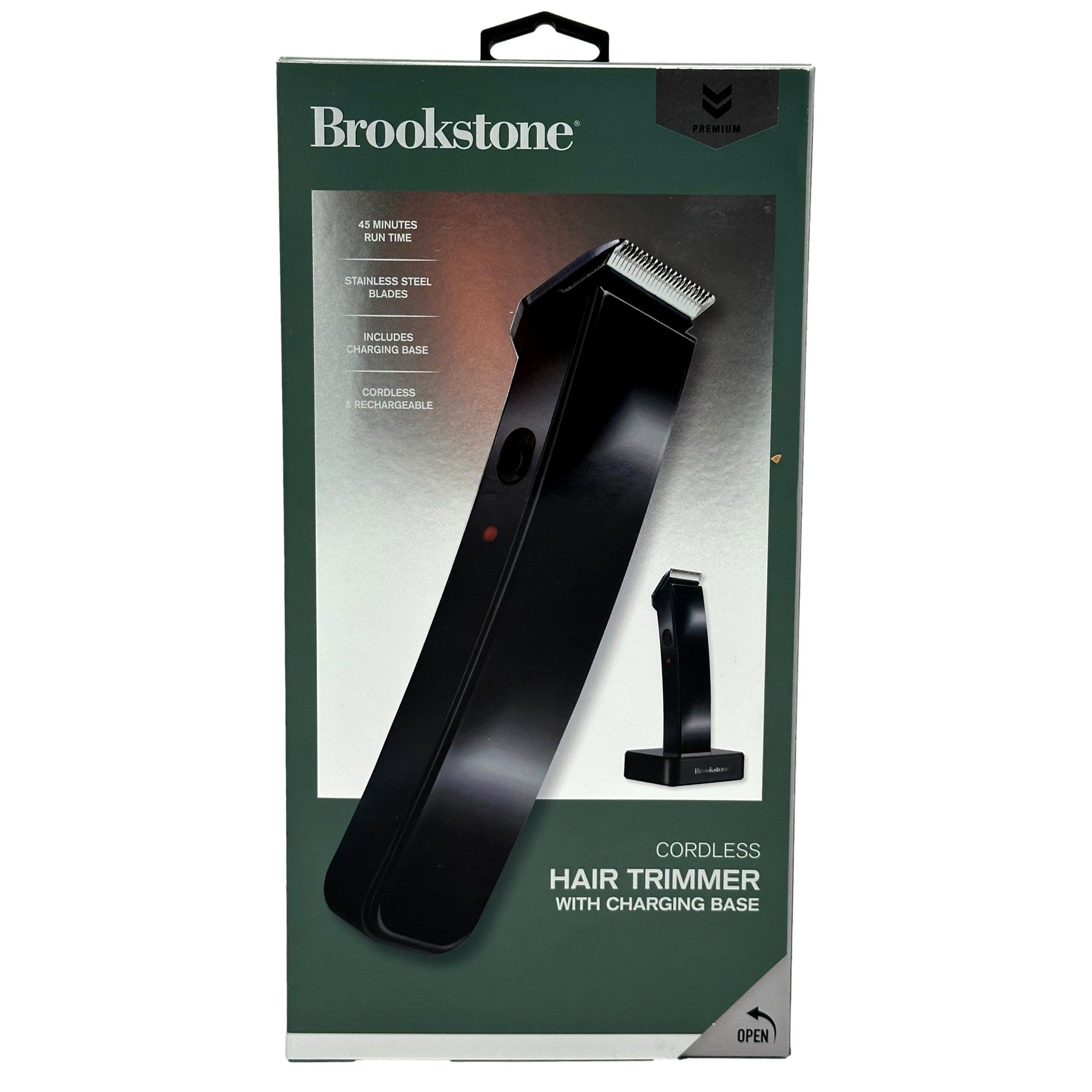 A Brookstone cordless hair trimmer package with charging base.